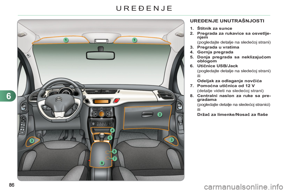 CITROEN C3 2013 Priručnik (in Serbian) 6
UREĐENJE
UREĐENJE UNUTRAŠNJOSTI
1.
Štitnik za sunce
2.
Pregrada za rukavice sa osvetlje-
njem
(pogledajte detalje na sledećoj strani)
3.
Pregrada u vratima
CITROEN C3 2013 Priručnik (in Serbian) 6
UREĐENJE
UREĐENJE UNUTRAŠNJOSTI
1.
Štitnik za sunce
2.
Pregrada za rukavice sa osvetlje-
njem
(pogledajte detalje na sledećoj strani)
3.
Pregrada u vratima