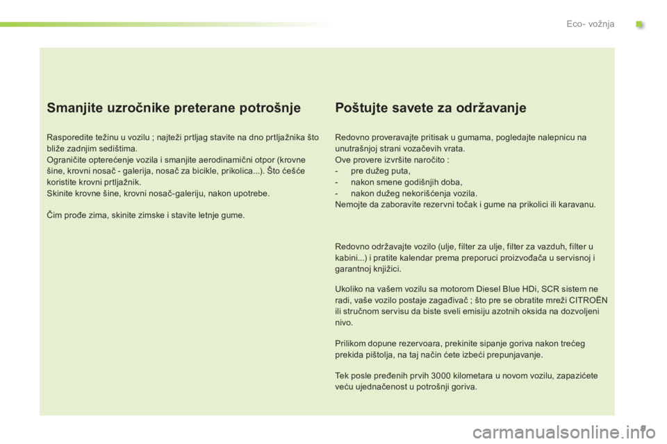 CITROEN C3 PICASSO 2015 Priručnik (in Serbian) 9
C3Picasso_sr_Chap00c_eco-conduite_ed01-2014
Smanjite uzročnike preterane potrošnje
rasporedite težinu u vozilu ; najteži prtljag stavite na dno prtljažnika što
bliže zadnjim sedištima.
og
CITROEN C3 PICASSO 2015 Priručnik (in Serbian) 9
C3Picasso_sr_Chap00c_eco-conduite_ed01-2014
Smanjite uzročnike preterane potrošnje
rasporedite težinu u vozilu ; najteži prtljag stavite na dno prtljažnika što
bliže zadnjim sedištima.
og
