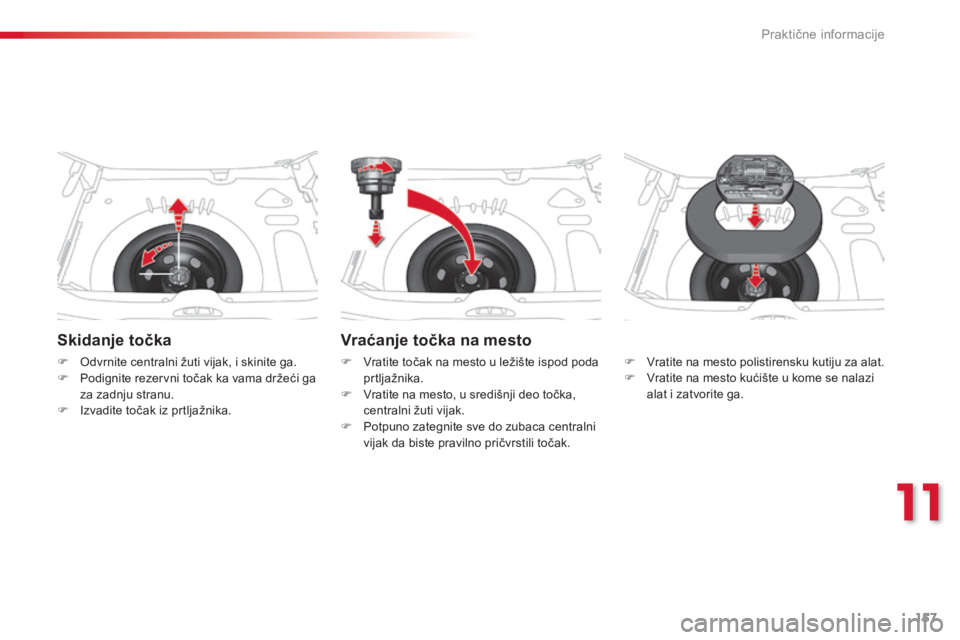 CITROEN C3 PICASSO 2015 Priručnik (in Serbian) 157
C3Picasso_sr_Chap11_informations-pratiques_ed01-2014
Skidanje točka
F odvrnite centralni žuti vijak, i skinite ga.
F P odignite rezervni točak ka vama držeći ga
za zadnju stranu.
F
i
z
v CITROEN C3 PICASSO 2015 Priručnik (in Serbian) 157
C3Picasso_sr_Chap11_informations-pratiques_ed01-2014
Skidanje točka
F odvrnite centralni žuti vijak, i skinite ga.
F P odignite rezervni točak ka vama držeći ga
za zadnju stranu.
F
i
z
v