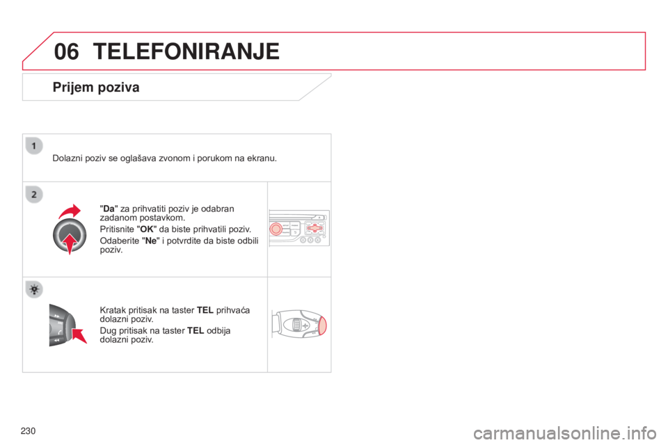CITROEN C3 PICASSO 2015 Priručnik (in Serbian) 06
230
C3Picasso_sr_Chap13b_rT6-2-8_ed01-2014
TELEFONIRANJE
Prijem poziva
dolazni poziv se oglašava zvonom i porukom na ekranu.
" Da" za prihvatiti poziv je odabran
zadanom postavkom.
Pritis CITROEN C3 PICASSO 2015 Priručnik (in Serbian) 06
230
C3Picasso_sr_Chap13b_rT6-2-8_ed01-2014
TELEFONIRANJE
Prijem poziva
dolazni poziv se oglašava zvonom i porukom na ekranu.
" Da" za prihvatiti poziv je odabran
zadanom postavkom.
Pritis