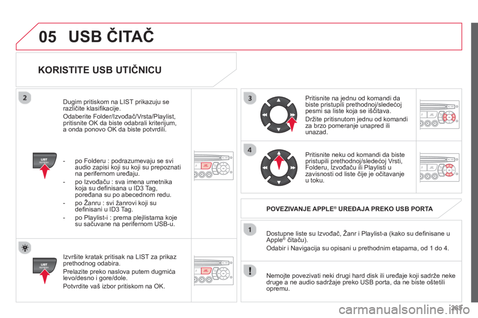 CITROEN C3 PICASSO 2014  Priručnik (in Serbian) 263
05
   
KORISTITE USB UTIČNICU 
 
 
Izvršite kratak pritisak na LIST za prikaz prethodnog odabira.
  Prelazite preko naslova putem du
gmića 
levo/desno i gore/dole. 
  Potvrdite vaš izbor priti