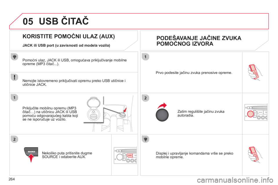 CITROEN C3 PICASSO 2014  Priručnik (in Serbian) 264
05
  Displej i upravljanje komandama vrše se prekomobilne opreme.   Prvo podesite 
jačinu zvuka prenosive opreme. 
  Zatim re
gulišite jačinu zvukaautoradia. 
 
 
 
 
 
 
 
 
 
 
 
 
 
 
 
 
 