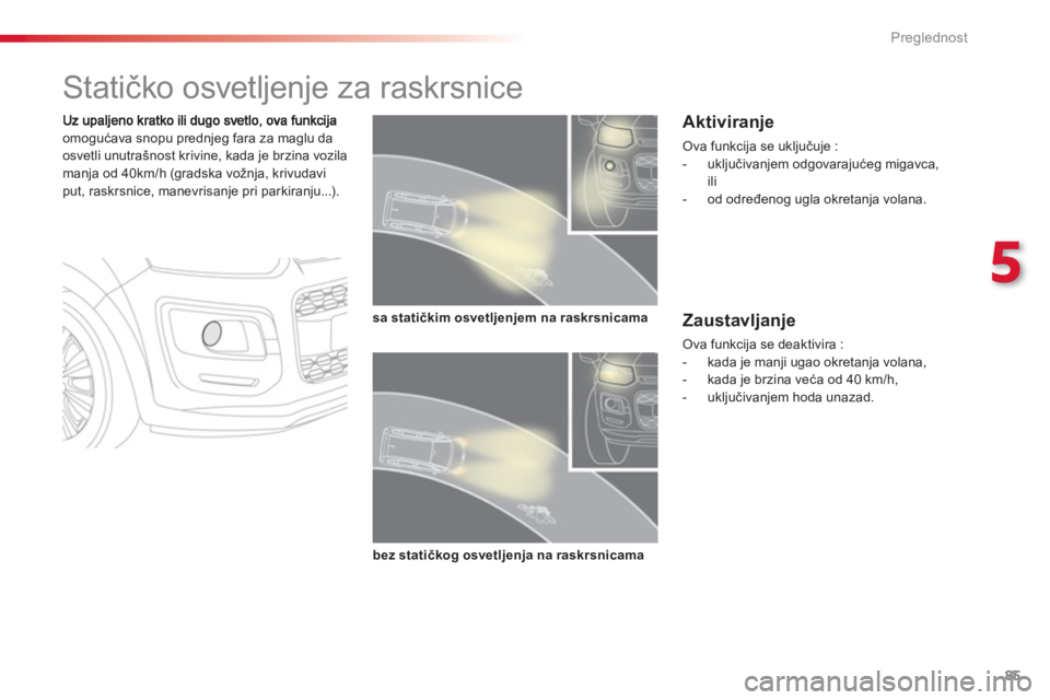 CITROEN C3 PICASSO 2014  Priručnik (in Serbian) 5
Preglednost
85
   
 
 
 
 
 
 
 
Statičko osvetljenje za raskrsnice 
omogućava snopu prednjeg fara za maglu da 
osvetli unutrašnost krivine, kada je brzina vozila manja od 40km/h (gradska vožnja