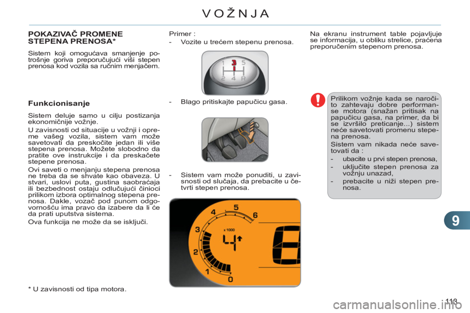 CITROEN C3 PICASSO 2012  Priručnik (in Serbian) 9
113
VOŽNJA
POKAZIVAČ PROMENE STEPENA PRENOSA *  
 
Sistem koji omogućava smanjenje po-
trošnje goriva preporučujući viši stepen 
prenosa kod vozila sa ručnim menjačem. 
 
 
Funkcionisanje
 