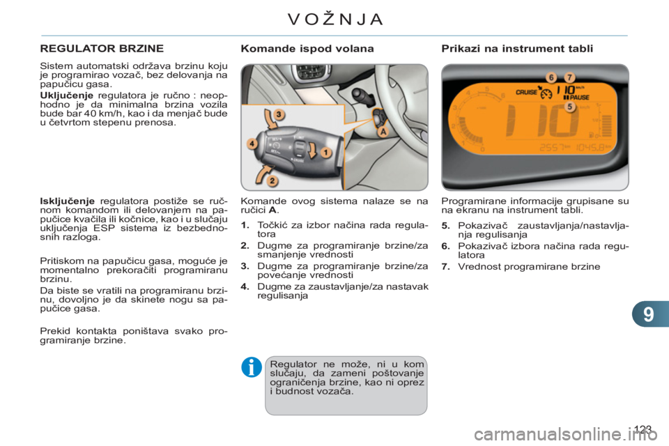 CITROEN C3 PICASSO 2012 Priručnik (in Serbian) 9
123
VOŽNJA
REGULATOR BRZINE
Sistem automatski održava brzinu koju
je programirao vozač, bez delovanja na
papučicu gasa.
Uključenje
regulatora je ručno : neop-
hodno je da minimaln CITROEN C3 PICASSO 2012 Priručnik (in Serbian) 9
123
VOŽNJA
REGULATOR BRZINE
Sistem automatski održava brzinu koju
je programirao vozač, bez delovanja na
papučicu gasa.
Uključenje
regulatora je ručno : neop-
hodno je da minimaln