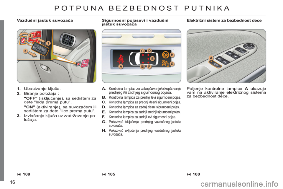 CITROEN C3 PICASSO 2012  Priručnik (in Serbian) 16
   
Vazdušni jastuk suvozača   
Električni sistem za bezbednost dece 
   
 
1. 
 Ubacivanje ključa. 
   
2. 
  Biranje položaja :  
  "OFF" 
 (isključenje), sa sedištem za 
dete "leđa prema