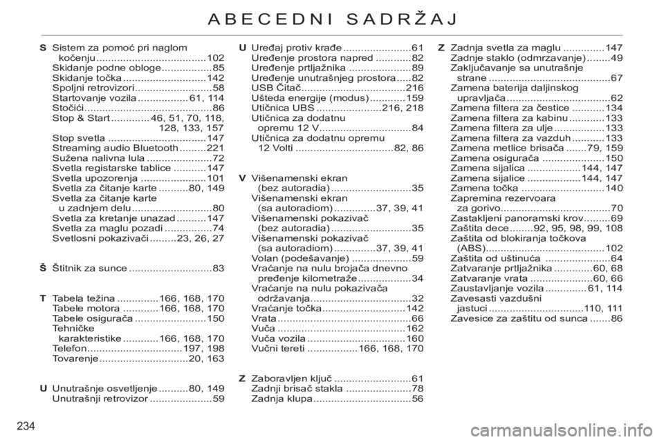 CITROEN C3 PICASSO 2012 Priručnik (in Serbian) 234
ABECEDNI SADRŽAJ
S Sistem za pomoć pri naglom
kočenju .....................................102
Skidanje podne obloge .................85
Skidanje točka ............................142
Sp CITROEN C3 PICASSO 2012 Priručnik (in Serbian) 234
ABECEDNI SADRŽAJ
S Sistem za pomoć pri naglom
kočenju .....................................102
Skidanje podne obloge .................85
Skidanje točka ............................142
Sp
