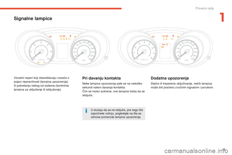 CITROEN C4 AIRCROSS 2016  Priručnik (in Serbian) 13
C4-aircross_sr_Chap01_controle-de-marche_ed01-2014
Vizuelni reperi koji obaveštavaju vozača o 
pojavi nepravilnosti (lampica upozorenja) 
ili pokretanju nekog od sistema (kontrolna 
lampica za uk
