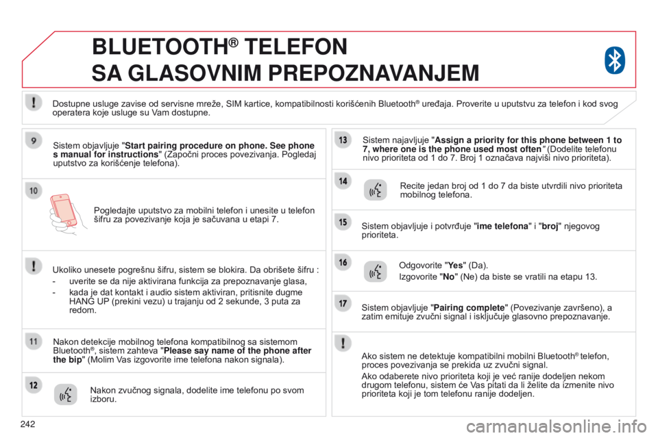 CITROEN C4 AIRCROSS 2016  Priručnik (in Serbian) 242Pogledajte uputstvo za mobilni telefon i unesite u telefon 
šifru za povezivanje koja je sačuvana u etapi 7.
BLUETOOTH® TELEFON  
SA 

GLASOVNIM   PREPOZNAVANJEM
sistem objavljuje " Start pa