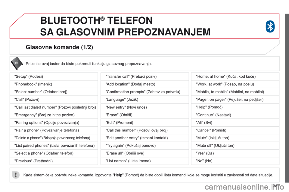 CITROEN C4 AIRCROSS 2016  Priručnik (in Serbian) 247
Glasovne komande (1/2)
"setup" (Podesi)
"Phonebook" ( i menik)
"
s elect number" ( o daberi broj)
"Call" (Pozovi)
"Call last dialed number" (Pozovi poslednj