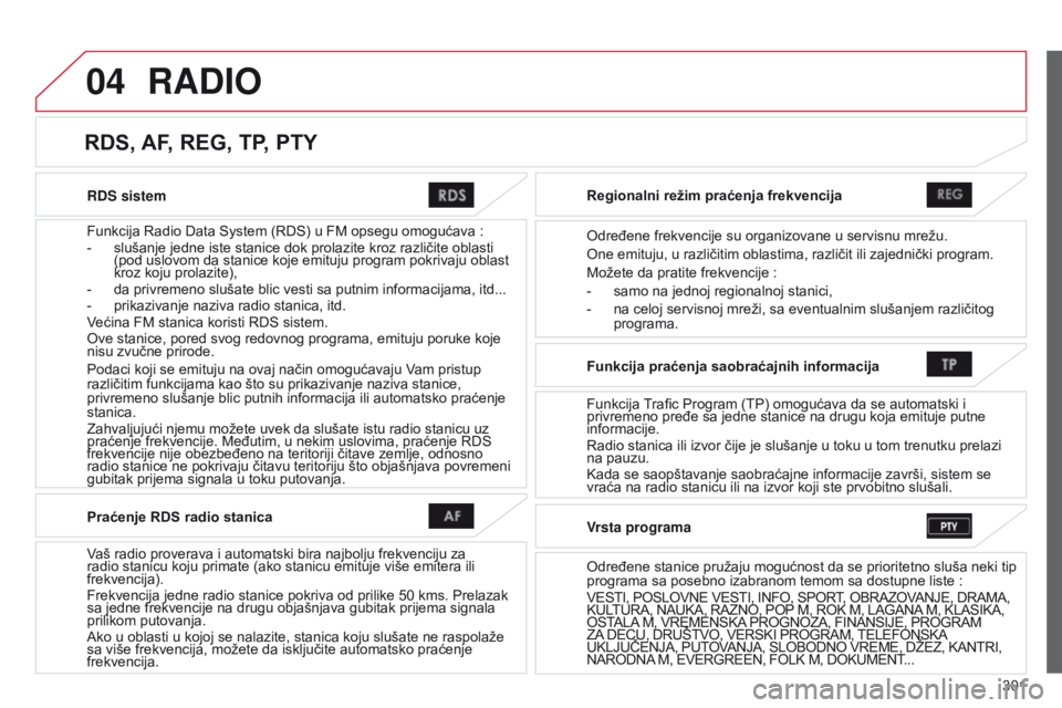 CITROEN C4 AIRCROSS 2016 Priručnik (in Serbian) 04
301
C4-aircross_sr_Chap10c_Mitsu5_ed01-2014
RDS sistem
Funkcija r adio d ata s ystem ( rds ) u FM opsegu omogućava :
-
slušanje jedne iste stanice dok prolazite kroz različite oblasti
(po CITROEN C4 AIRCROSS 2016 Priručnik (in Serbian) 04
301
C4-aircross_sr_Chap10c_Mitsu5_ed01-2014
RDS sistem
Funkcija r adio d ata s ystem ( rds ) u FM opsegu omogućava :
-
slušanje jedne iste stanice dok prolazite kroz različite oblasti
(po