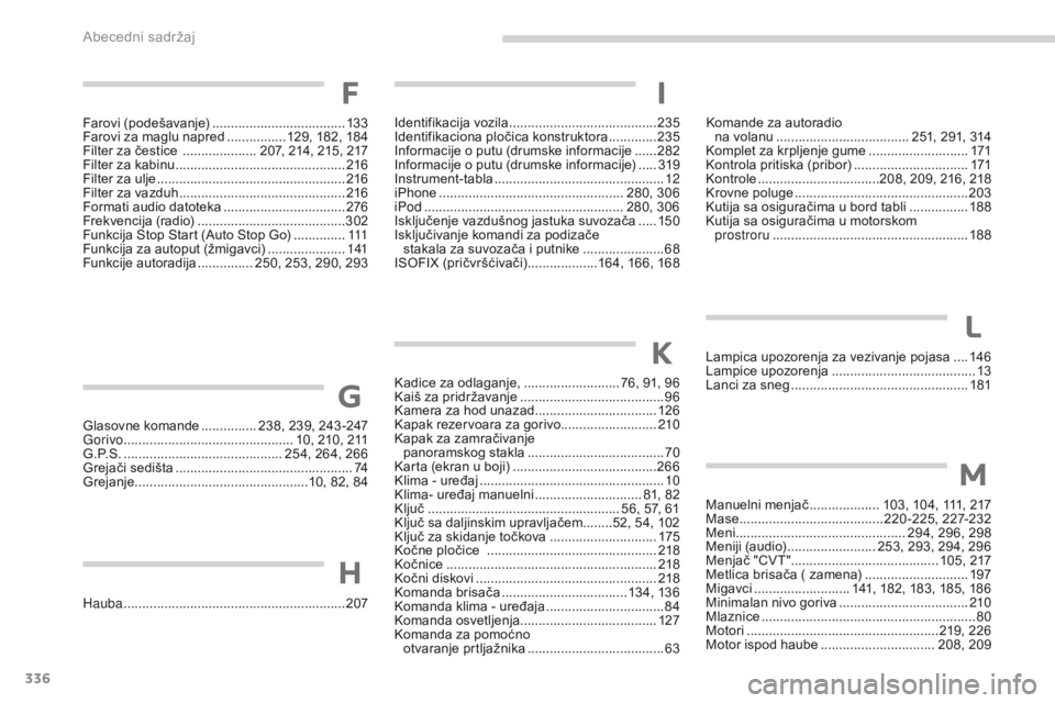CITROEN C4 AIRCROSS 2016  Priručnik (in Serbian) 336
C4-aircross_sr_Chap11_index-alpha_ed01-2014
Glasovne komande ............... 2 38, 239, 243 -247
Gorivo ............................... ............... 10, 210, 211
G . P.
s. ...............

....