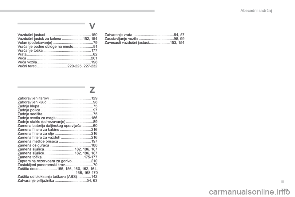 CITROEN C4 AIRCROSS 2016  Priručnik (in Serbian) 339
C4-aircross_sr_Chap11_index-alpha_ed01-2014
Vazdušni jastuci ............................... .............150
Vazdušni jastuk za kolena  ....................15
2, 15 4
Volan (podešavanje)
 ....