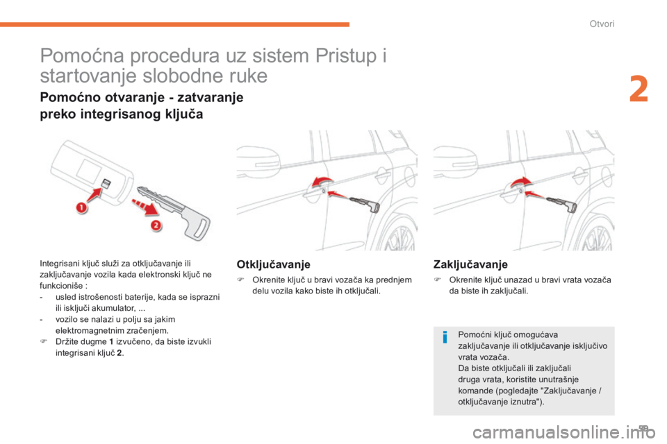 CITROEN C4 AIRCROSS 2016 Priručnik (in Serbian) 59
C4-Aircross_sr_Chap02_ouvertures_ed01-2014
Pomoćna procedura uz sistem Pristup i
startovanje slobodne ruke
Otključavanje
F okrenite ključ u bravi vozača ka prednjem delu vozila kako biste ih CITROEN C4 AIRCROSS 2016 Priručnik (in Serbian) 59
C4-Aircross_sr_Chap02_ouvertures_ed01-2014
Pomoćna procedura uz sistem Pristup i
startovanje slobodne ruke
Otključavanje
F okrenite ključ u bravi vozača ka prednjem delu vozila kako biste ih
