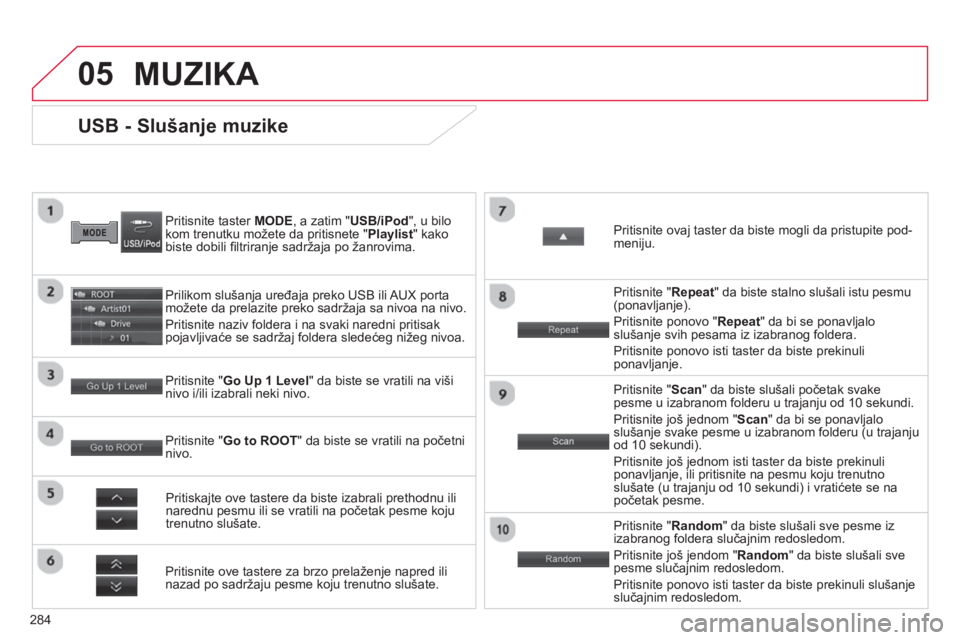 CITROEN C4 AIRCROSS 2014  Priručnik (in Serbian) 284
05
   
 
 
 
 
 
 
 
 
 
 
 
 
 
 
 
 
 
 
 
 
USB - Slušanje muzike 
 
 
Pritisnite taster MODE, a zatim " USB/iPod 
", u bilo 
kom trenutku možete da pritisnete " Playlist 
" kako 
biste dobil