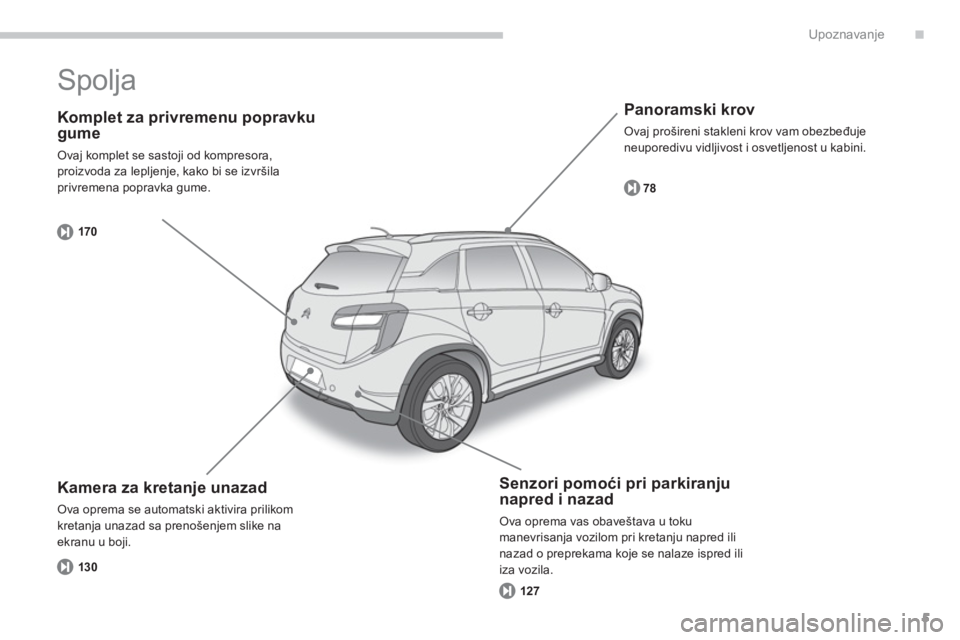 CITROEN C4 AIRCROSS 2013  Priručnik (in Serbian) .
5
Upoznavanje
   
Komplet za privremenu popravku gume
 
Ovaj komplet se sastoji od kompresora, proizvoda za lepljenje, kako bi se izvršilaprivremena popravka gume.
170
   
Panoramski krov 
 Ovaj pr