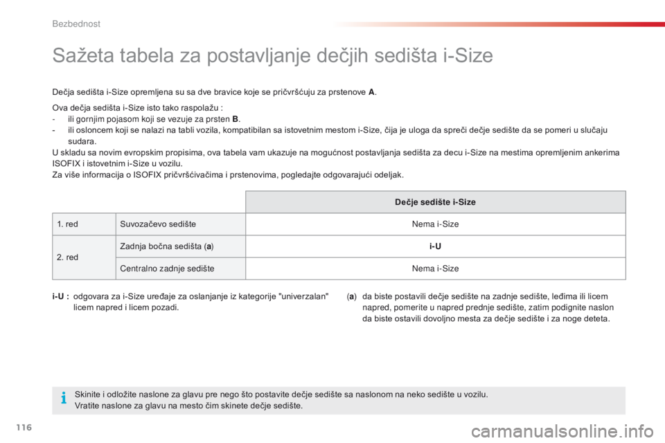 CITROEN C4 CACTUS 2018  Priručnik (in Serbian) 116
C4-cactus_sr_Chap05_securite_ed01-2016
Sažeta tabela za postavljanje dečjih sedišta i-Size
Dečja sedišta i-Size opremljena su sa dve bravice koje se pričvršćuju za prstenove A.
i- U
 :  od