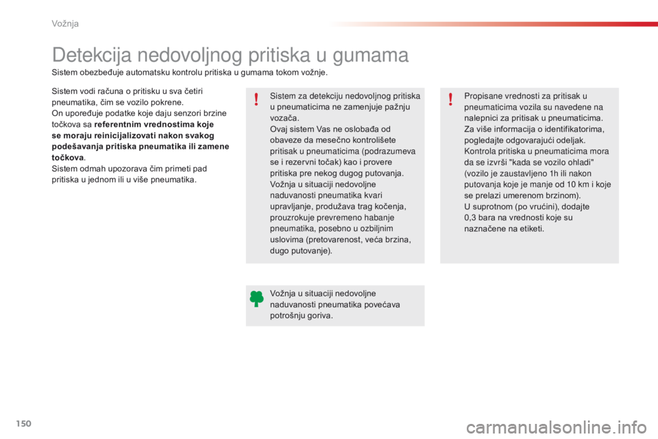 CITROEN C4 CACTUS 2018  Priručnik (in Serbian) 150
C4-cactus_sr_Chap06_conduite_ed01-2016
Detekcija nedovoljnog pritiska u gumama
Sistem vodi računa o pritisku u sva četiri 
pneumatika, čim se vozilo pokrene.
On upoređuje podatke koje daju sen