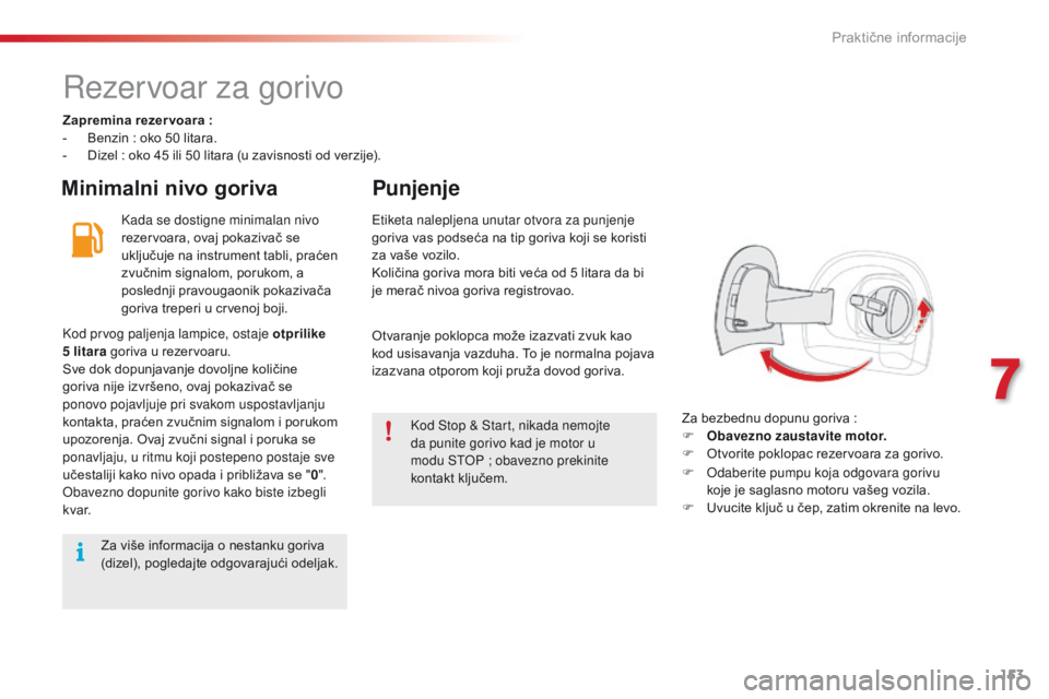 CITROEN C4 CACTUS 2018  Priručnik (in Serbian) 153
C4-cactus_sr_Chap07_info-pratiques_ed01-2016
Rezervoar za gorivo
Zapremina rezer voara :
- Ben zin : ok o 50 litara.
-
 Diz

el
 : ok
 o 45 ili 50 litara (u zavisnosti od verzije).
Minimalni nivo 