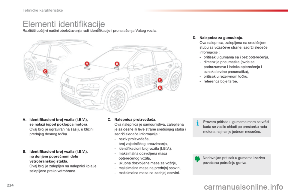 CITROEN C4 CACTUS 2018  Priručnik (in Serbian) 224
C4-cactus_sr_Chap09_caracteristiques-techniques_ed01-2016
Elementi identifikacijeRazličiti uočljivi načini obeležavanja radi identifikacije i pronalaženja Vašeg vozila.
A.
 Ide
ntifikacioni 