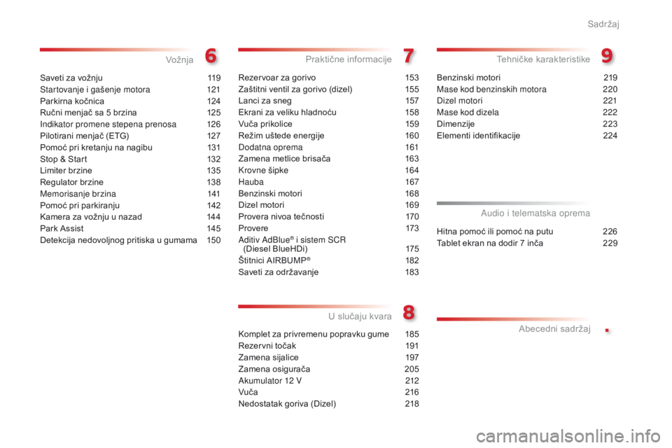CITROEN C4 CACTUS 2018  Priručnik (in Serbian) .
C4-cactus_sr_Chap00a_sommaire_ed01-2016
Saveti za vožnju 119
S tartovanje i gašenje motora
 121
P

arkirna kočnica
 124
R

učni menjač sa 5 brzina
 125
I

ndikator promene stepena prenosa
 126

