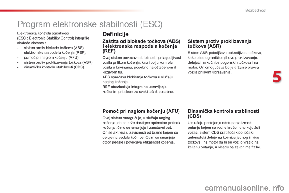 CITROEN C4 CACTUS 2018 Priručnik (in Serbian) 91
C4-cactus_sr_Chap05_securite_ed01-2016
Elektronska kontrola stabilnosti
(ESC : Electronic Stability Control) integriše
sledeće sisteme
:
- sis
tem protiv blokade točkova (ABS) i
elektronsk CITROEN C4 CACTUS 2018 Priručnik (in Serbian) 91
C4-cactus_sr_Chap05_securite_ed01-2016
Elektronska kontrola stabilnosti
(ESC : Electronic Stability Control) integriše
sledeće sisteme
:
- sis
tem protiv blokade točkova (ABS) i
elektronsk