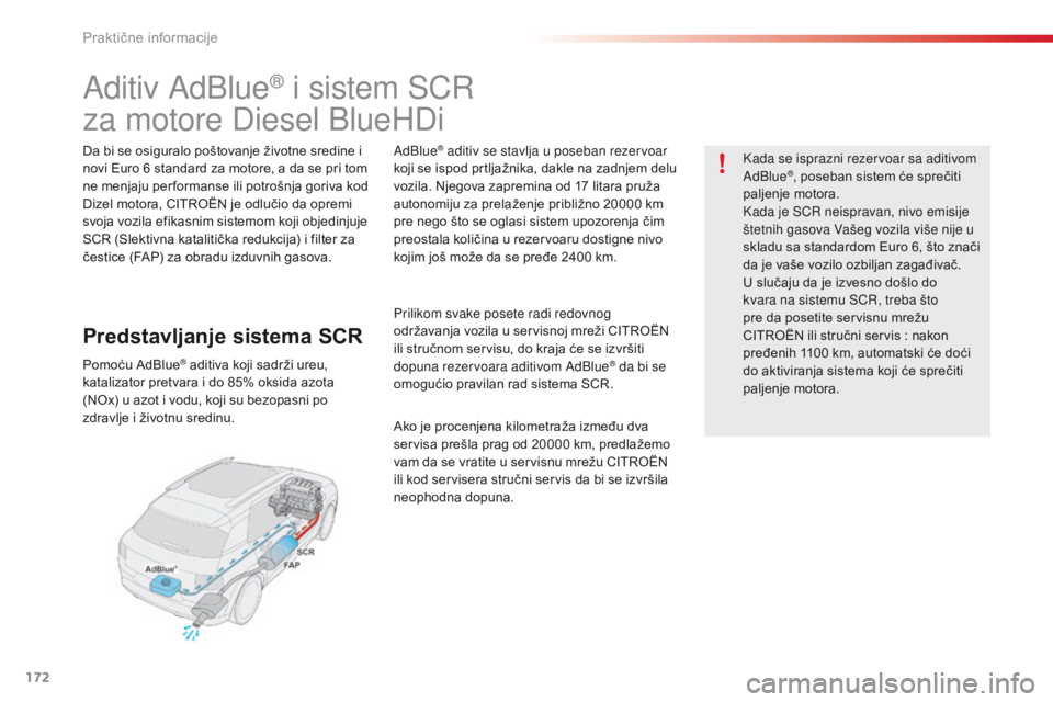 CITROEN C4 CACTUS 2016 Priručnik (in Serbian) 172
C4-cactus_sr_Chap07_info-pratiques_ed01-2015
Aditiv AdBlue® i sistem SCR
za motore Diesel BlueHDi
Da bi se osiguralo poštovanje životne sredine i
novi Euro 6 standard za motore, a da se pri to CITROEN C4 CACTUS 2016 Priručnik (in Serbian) 172
C4-cactus_sr_Chap07_info-pratiques_ed01-2015
Aditiv AdBlue® i sistem SCR
za motore Diesel BlueHDi
Da bi se osiguralo poštovanje životne sredine i
novi Euro 6 standard za motore, a da se pri to