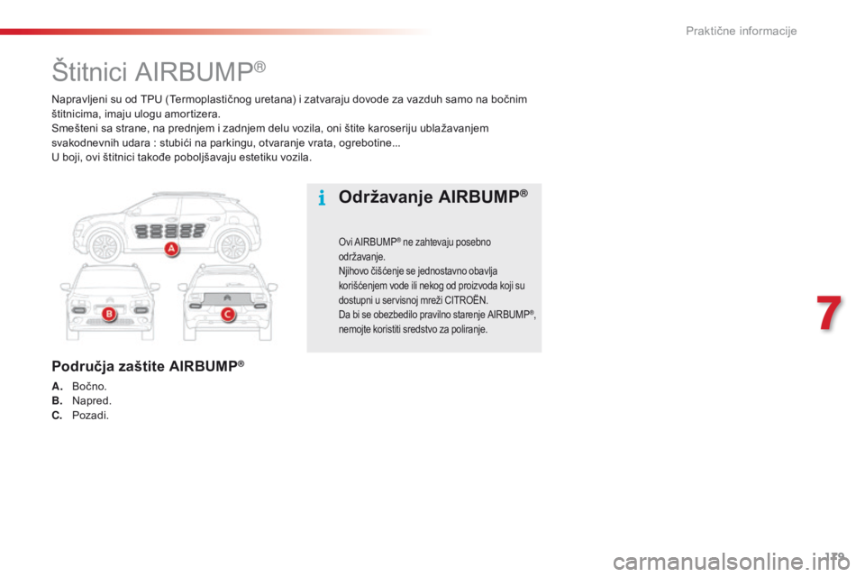 CITROEN C4 CACTUS 2016 Priručnik (in Serbian) 179
C4-cactus_sr_Chap07_info-pratiques_ed01-2015
Napravljeni su od TPU (Termoplastičnog uretana) i zatvaraju dovode za vazduh samo na bočnim
štitnicima, imaju ulogu amortizera.
Smešteni sa strane CITROEN C4 CACTUS 2016 Priručnik (in Serbian) 179
C4-cactus_sr_Chap07_info-pratiques_ed01-2015
Napravljeni su od TPU (Termoplastičnog uretana) i zatvaraju dovode za vazduh samo na bočnim
štitnicima, imaju ulogu amortizera.
Smešteni sa strane