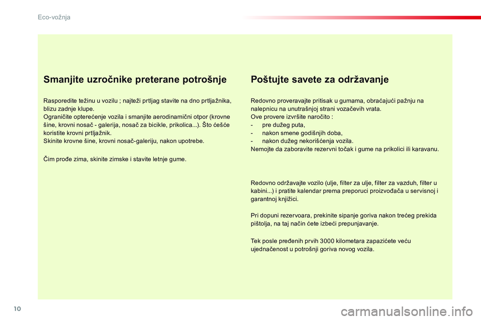 CITROEN C4 CACTUS 2015 Priručnik (in Serbian) 10
C4-cactus_sr_Chap00c_eco-conduite_ed02-2014
Smanjite uzročnike preterane potrošnje
rasporedite težinu u vozilu ; najteži prtljag stavite na dno prtljažnika,
blizu zadnje klupe.
og
raničite CITROEN C4 CACTUS 2015 Priručnik (in Serbian) 10
C4-cactus_sr_Chap00c_eco-conduite_ed02-2014
Smanjite uzročnike preterane potrošnje
rasporedite težinu u vozilu ; najteži prtljag stavite na dno prtljažnika,
blizu zadnje klupe.
og
raničite