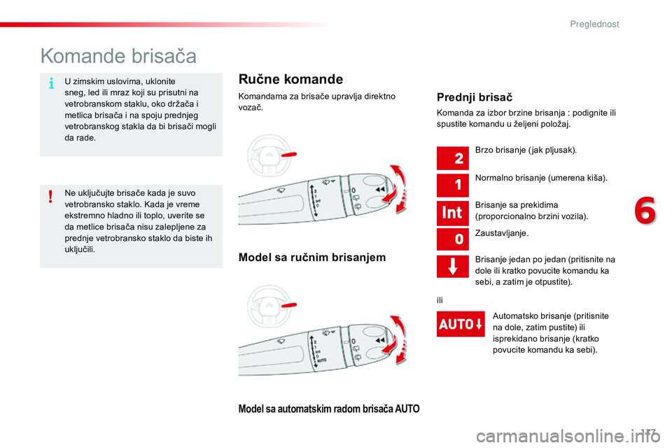 CITROEN C4 CACTUS 2015 Priručnik (in Serbian) 117
C4-cactus_sr_Chap06_visibilite_ed02-2014
komande brisača
Ručne komande
komandama za brisače upravlja direktno
vozač.
Model sa automatskim radom brisača AUTO
Model sa ručnim brisanjemPrednji CITROEN C4 CACTUS 2015 Priručnik (in Serbian) 117
C4-cactus_sr_Chap06_visibilite_ed02-2014
komande brisača
Ručne komande
komandama za brisače upravlja direktno
vozač.
Model sa automatskim radom brisača AUTO
Model sa ručnim brisanjemPrednji