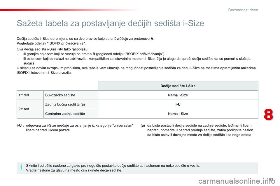 CITROEN C4 CACTUS 2015 Priručnik (in Serbian) 153
C4-cactus_sr_Chap08_securite-enfants_ed02-2014
sažeta tabela za postavljanje dečijih sedišta i-size
dečija sedišta i-size opremljena su sa dve bravice koje se pričvršćuju za prstenove A .
CITROEN C4 CACTUS 2015 Priručnik (in Serbian) 153
C4-cactus_sr_Chap08_securite-enfants_ed02-2014
sažeta tabela za postavljanje dečijih sedišta i-size
dečija sedišta i-size opremljena su sa dve bravice koje se pričvršćuju za prstenove A .