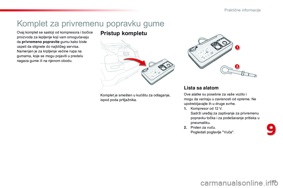 CITROEN C4 CACTUS 2015  Priručnik (in Serbian) 169
C4-cactus_sr_Chap09_info-pratiques_ed02-2014
komplet je smešten u kućištu za odlaganje, 
ispod poda prtljažnika.
ov

aj komplet se sastoji od kompresora i bočice 
proizvoda za lepljenje koji 