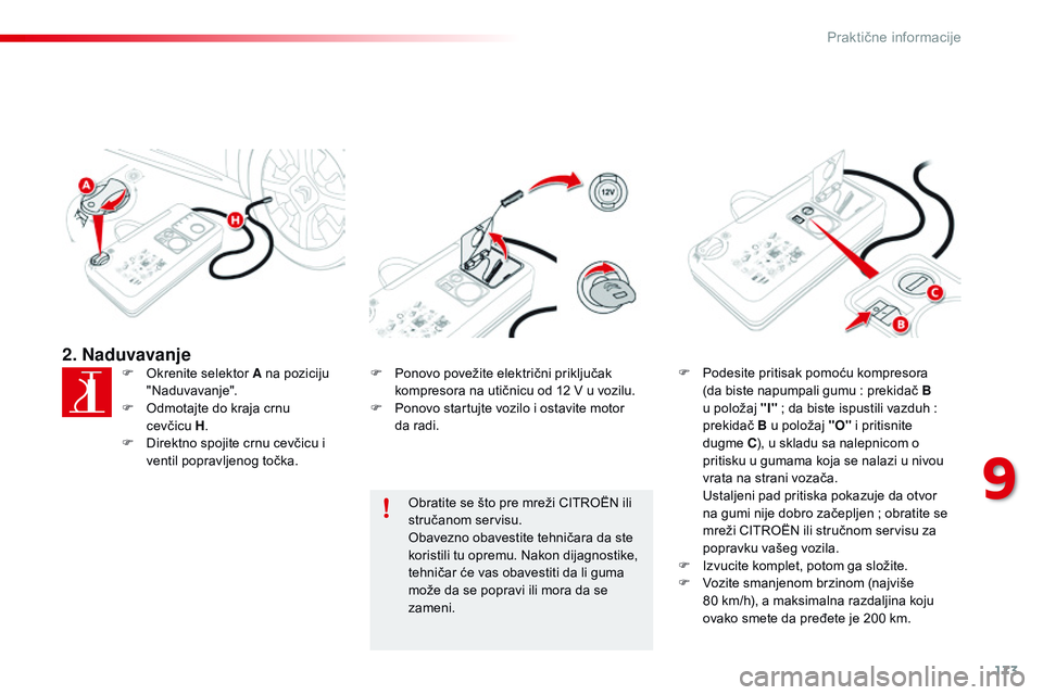 CITROEN C4 CACTUS 2015  Priručnik (in Serbian) 173
C4-cactus_sr_Chap09_info-pratiques_ed02-2014
2. NaduvavanjeF  okrenite selektor A na poziciju "na duvavanje".
F
  o
d
 motajte do kraja crnu 
cevčicu
 H .
F

  d
i
 rektno spojite crnu ce