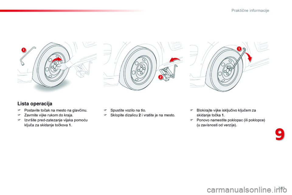 CITROEN C4 CACTUS 2015  Priručnik (in Serbian) 181
C4-cactus_sr_Chap09_info-pratiques_ed02-2014
Lista operacija
F Postavite točak na mesto na glavčinu.
F  za vrnite vijke rukom do kraja.
F
  i
z
 vršite pred-zatezanje vijaka pomoću 
ključa za