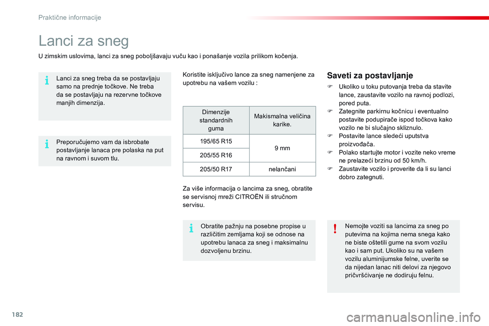 CITROEN C4 CACTUS 2015  Priručnik (in Serbian) 182
C4-cactus_sr_Chap09_info-pratiques_ed02-2014
Lanci za sneg
U zimskim uslovima, lanci za sneg poboljšavaju vuču kao i ponašanje vozila prilikom kočenja.
ko
ristite isključivo lance za sneg nam