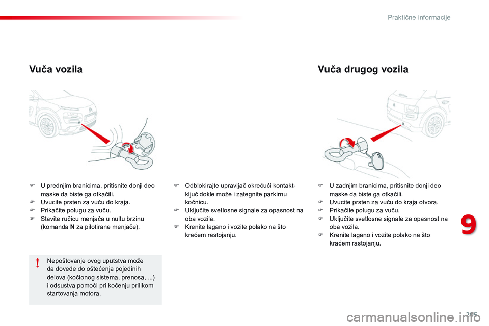 CITROEN C4 CACTUS 2015  Priručnik (in Serbian) 205
C4-cactus_sr_Chap09_info-pratiques_ed02-2014
Vuča drugog vozila
F U zadnjim branicima, pritisnite donji deo maske da biste ga otkačili.
F
 
U
 vucite prsten za vuču do kraja otvora.
F
 
P
 rika