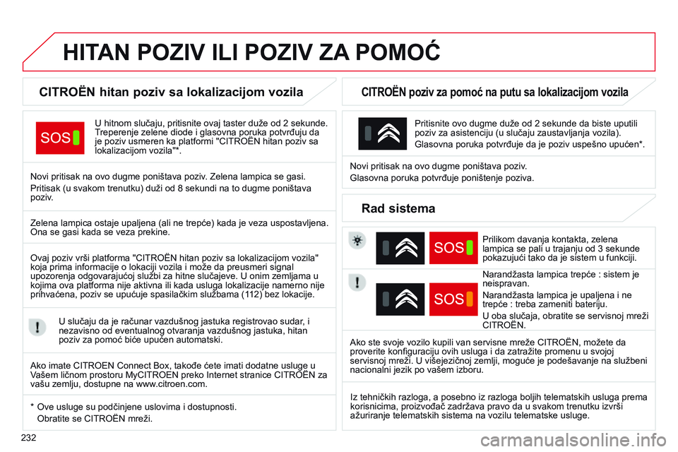 CITROEN C4 CACTUS 2015 Priručnik (in Serbian) 232
C4-Cactus_sr_Chap12a_BTa_ed02-2014
HITAN POZIV ILI POZIV ZA POMO ć
CITROËN hitan poziv sa lokalizacijom vozila
U hitnom slučaju, pritisnite ovaj taster duže od 2 sekunde.
Treperenje zelene d CITROEN C4 CACTUS 2015 Priručnik (in Serbian) 232
C4-Cactus_sr_Chap12a_BTa_ed02-2014
HITAN POZIV ILI POZIV ZA POMO ć
CITROËN hitan poziv sa lokalizacijom vozila
U hitnom slučaju, pritisnite ovaj taster duže od 2 sekunde.
Treperenje zelene d
