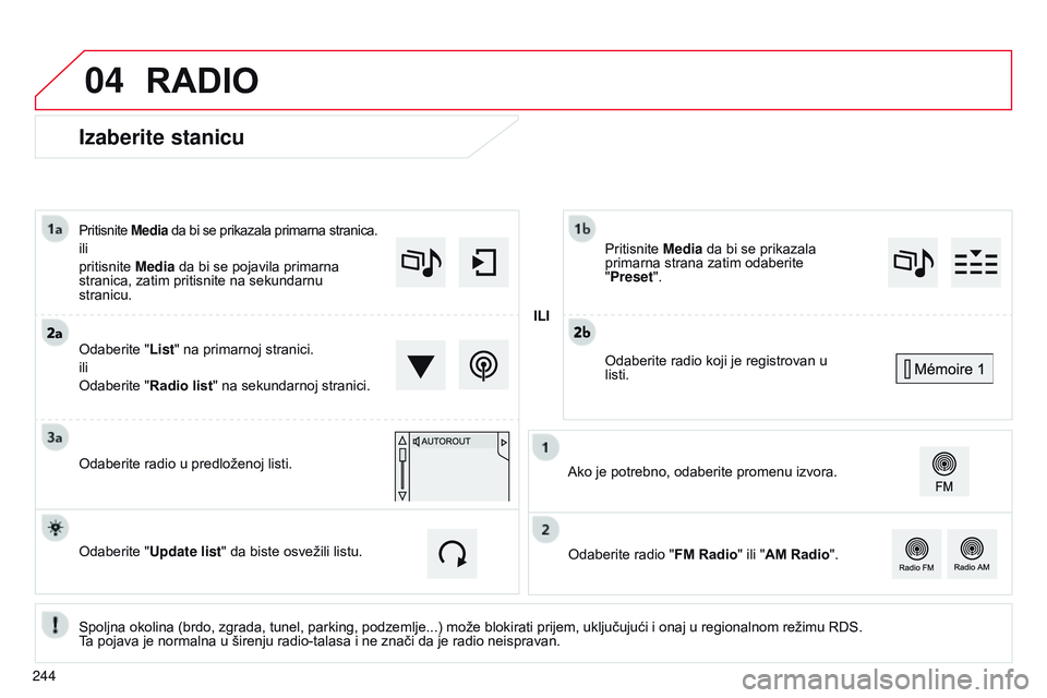 CITROEN C4 CACTUS 2015  Priručnik (in Serbian) 04
Izaberite stanicu
spoljna okolina (brdo, zgrada, tunel, parking, podzemlje...) može blokirati prijem, uključujući i onaj u regionalnom režimu rds. 
T a   pojava je normalna u širenju radio-tal