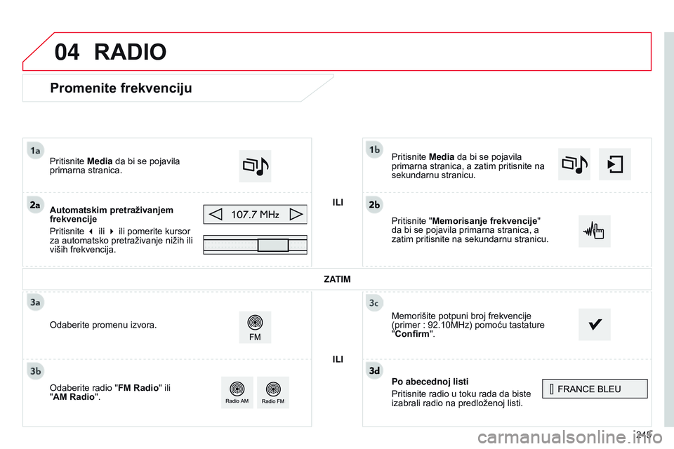 CITROEN C4 CACTUS 2015  Priručnik (in Serbian) 04
245
Promenite frekvenciju
Po abecednoj listi
Pritisnite radio u toku rada da biste 
izabrali radio na predloženoj listi. Pritisnite Media da bi se pojavila 
primarna stranica, a zatim pritisnite n
