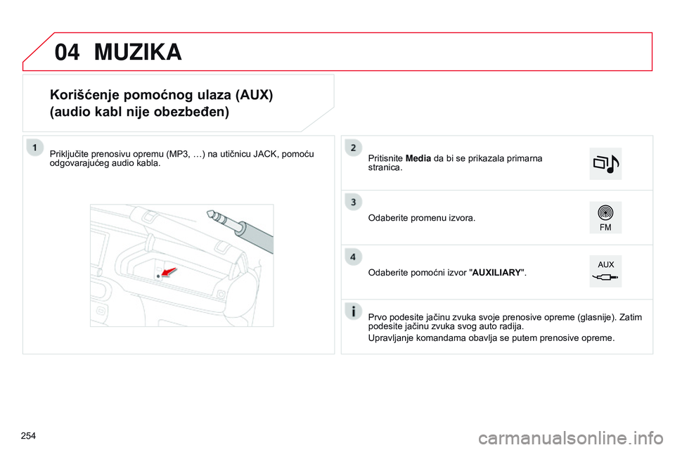 CITROEN C4 CACTUS 2015  Priručnik (in Serbian) 04
Korišćenje pomoćnog ulaza (AUX)
(audio kabl nije obezbeđen)
Priključite prenosivu opremu (MP3, …) na utičnicu JaCk, pomoću 
odgovarajućeg audio kabla.
Prvo podesite jačinu zvuka svoje pr