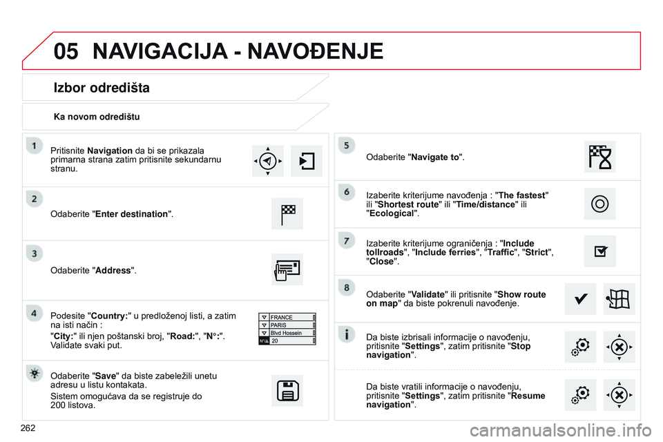 CITROEN C4 CACTUS 2015 Priručnik (in Serbian) 05
262Ka novom odredištu
Izbor odredišta
odaberite "Enter destination".
o
daberite "Save" da biste zabeležili unetu
adresu u listu kontakata.
s
istem omogućava da se registruje CITROEN C4 CACTUS 2015 Priručnik (in Serbian) 05
262Ka novom odredištu
Izbor odredišta
odaberite "Enter destination".
o
daberite "Save" da biste zabeležili unetu
adresu u listu kontakata.
s
istem omogućava da se registruje