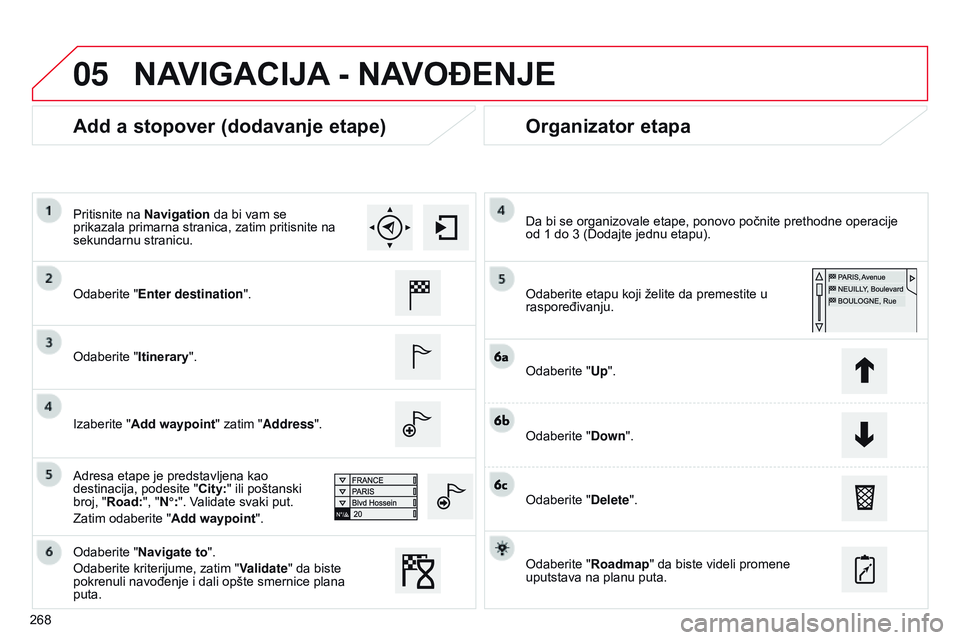 CITROEN C4 CACTUS 2015  Priručnik (in Serbian) 05
268
Add a stopover (dodavanje etape)Organizator etapa
odaberite "Enter destination".
o

daberite "Itinerary".
i

zaberite "Add waypoint " zatim "Address".
a

dresa e