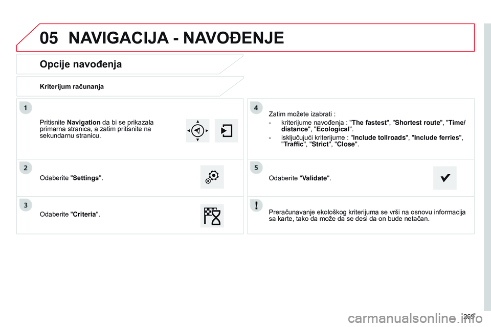 CITROEN C4 CACTUS 2015  Priručnik (in Serbian) 05
269
Opcije navođenja
Kriterijum računanja
o
daberite "Settings".
o

daberite "Criteria".
z
 atim možete izabrati   :
-
 
kriterijume navođenja
   : "The fastest", "S