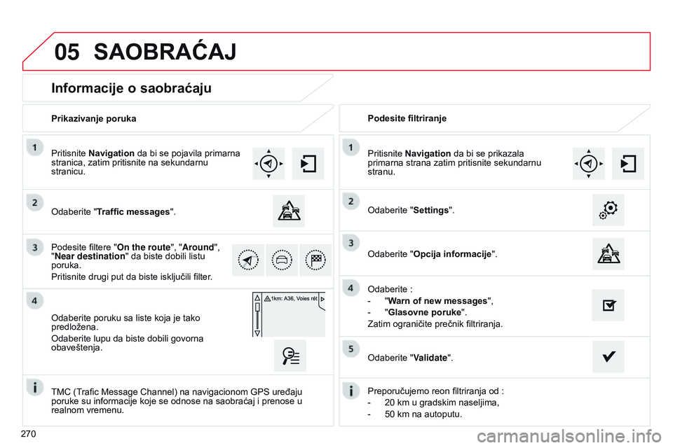 CITROEN C4 CACTUS 2015  Priručnik (in Serbian) 05
270
Informacije o saobraćaju
odaberite "Traffic messages".
Pritisnite  Navigation da bi se pojavila primarna 
stranica, zatim pritisnite na sekundarnu 
stranicu.
o

daberite poruku sa list