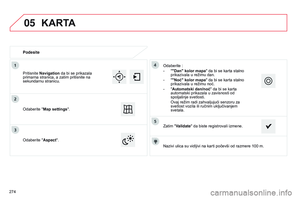 CITROEN C4 CACTUS 2015  Priručnik (in Serbian) 05
nazivi ulica su vidljivi na karti počevši od razmere 100 m.
Podesite
o

daberite "Aspect".
o
 daberite   :
-  
"
 "Dan" kolor mapa" da bi se karta stalno 
prikazivala u re