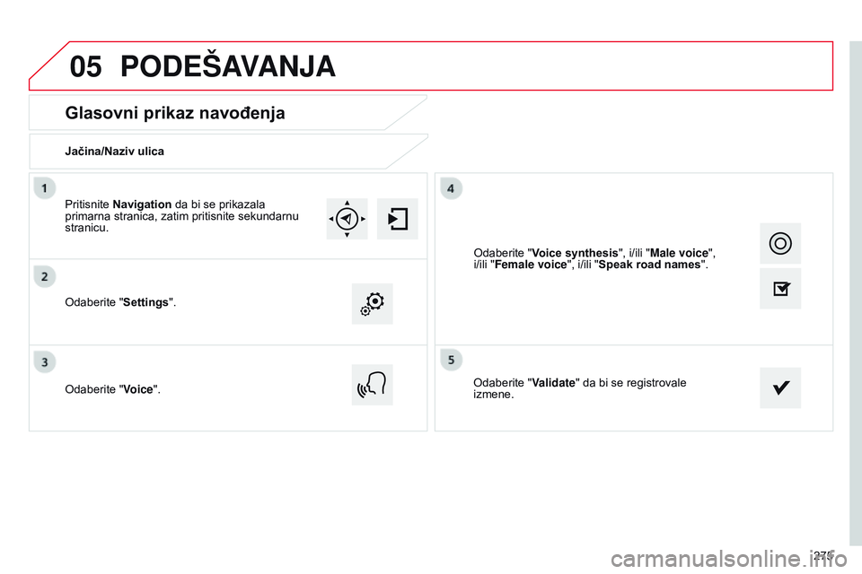 CITROEN C4 CACTUS 2015  Priručnik (in Serbian) 05
275
Glasovni prikaz navođenja
Jačina/Naziv ulica
o
daberite "Settings".
o

daberite "Voice".
o
 daberite "Validate" da bi se registrovale 
izmene.
Pritisnite Navigation da