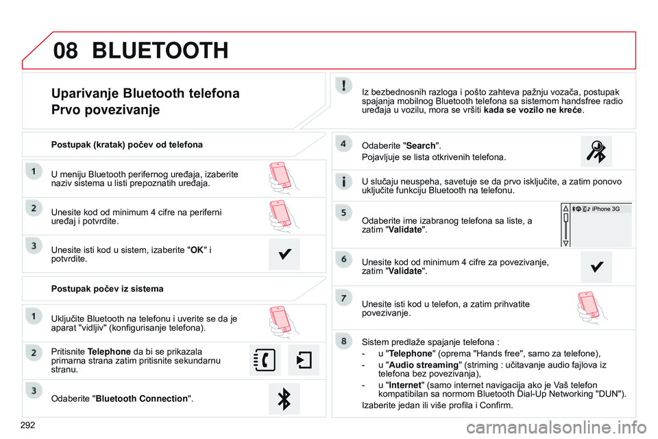 CITROEN C4 CACTUS 2015 Priručnik (in Serbian) 08
292
Uparivanje Bluetooth telefona
Prvo povezivanjeiz bezbednosnih razloga i pošto zahteva pažnju vozača, postupak
spajanja mobilnog Bluetooth telefona sa sistemom handsfree radio
uređaja u vo CITROEN C4 CACTUS 2015 Priručnik (in Serbian) 08
292
Uparivanje Bluetooth telefona
Prvo povezivanjeiz bezbednosnih razloga i pošto zahteva pažnju vozača, postupak
spajanja mobilnog Bluetooth telefona sa sistemom handsfree radio
uređaja u vo