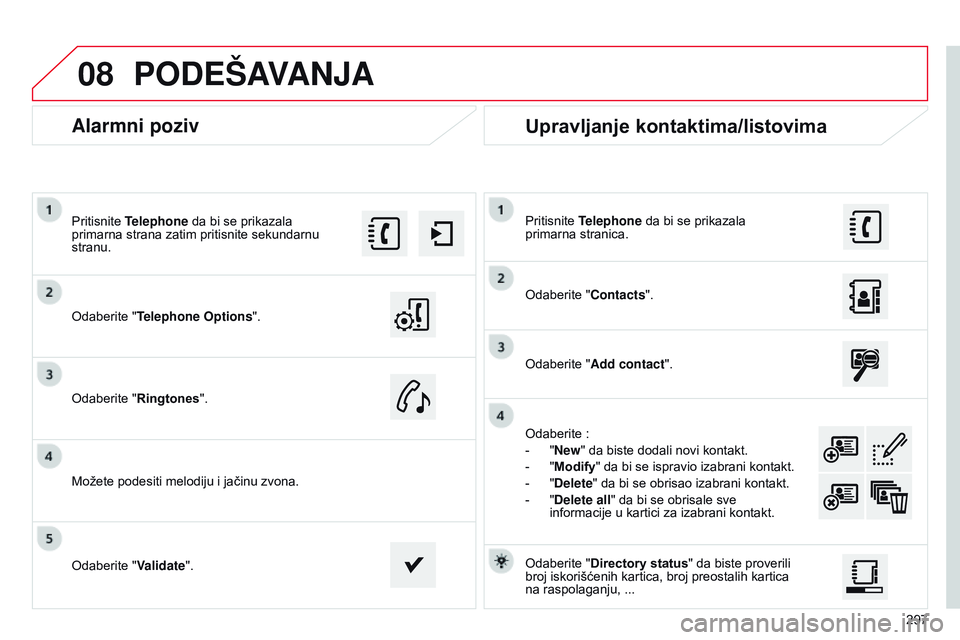 CITROEN C4 CACTUS 2015 Priručnik (in Serbian) 08
297
Alarmni poziv
odaberite "Telephone Options".
Pritisnite Telephone da bi se prikazala
primarna strana zatim pritisnite sekundarnu
stranu.
o
daberite "Ringtones".
Možete pode CITROEN C4 CACTUS 2015 Priručnik (in Serbian) 08
297
Alarmni poziv
odaberite "Telephone Options".
Pritisnite Telephone da bi se prikazala
primarna strana zatim pritisnite sekundarnu
stranu.
o
daberite "Ringtones".
Možete pode