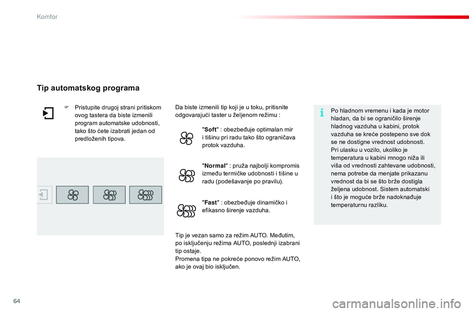 CITROEN C4 CACTUS 2015  Priručnik (in Serbian) 64
C4-cactus_sr_Chap03_confort_ed02-2014
Po hladnom vremenu i kada je motor 
hladan, da bi se ograničilo širenje 
hladnog vazduha u kabini, protok 
vazduha se kreće postepeno sve dok 
se ne dostign CITROEN C4 CACTUS 2015  Priručnik (in Serbian) 64
C4-cactus_sr_Chap03_confort_ed02-2014
Po hladnom vremenu i kada je motor 
hladan, da bi se ograničilo širenje 
hladnog vazduha u kabini, protok 
vazduha se kreće postepeno sve dok 
se ne dostign