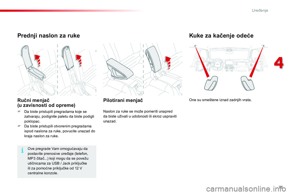 CITROEN C4 CACTUS 2015  Priručnik (in Serbian) 73
C4-cactus_sr_Chap04_amenagements_ed02-2014
Kuke za kačenje odeće
one su smeštene iznad zadnjih vrata.Pilotirani menjač
naslon za ruke se može pomeriti unapred 
da biste uživali u udobnosti il CITROEN C4 CACTUS 2015  Priručnik (in Serbian) 73
C4-cactus_sr_Chap04_amenagements_ed02-2014
Kuke za kačenje odeće
one su smeštene iznad zadnjih vrata.Pilotirani menjač
naslon za ruke se može pomeriti unapred 
da biste uživali u udobnosti il